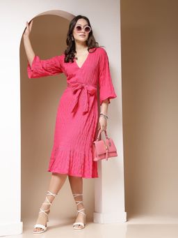 Freehand - Women Flared Textured Wrap Dress with Belt