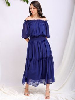 Freehand - Women Blue Self Design Tiered Dress
