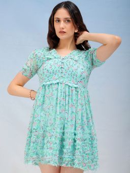 Freehand - Women Blue Printed Ruffle Dress