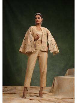 CHARU MAKKAR - Beige Silk Chanderi Bond Girl Jacket with Pants and Inner