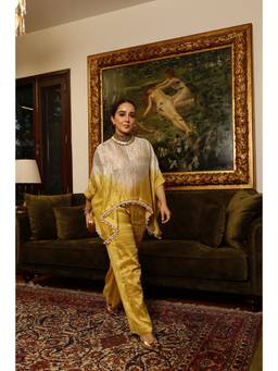 Twenty Nine - Yellow Tissue and Chanderi Shibori Kaftan Top With Palazzos