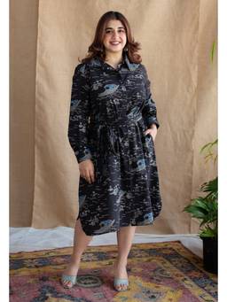 The Indian Ethnic Co. - Sirin Black Ajrakh Cotton Shirt Dress