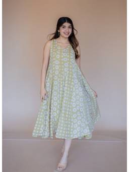The Indian Ethnic Co. - Seher Green Batik MulMul Kali Dress with Slip