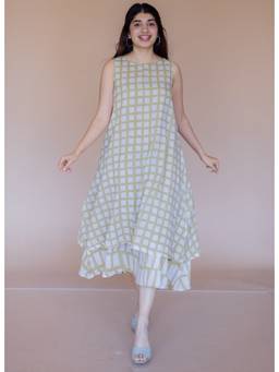 The Indian Ethnic Co. - Asfia Green Batik MulMul A Line Dress with Slip