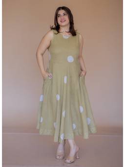 The Indian Ethnic Co. - Rimsha Green Batik MulMul A Line Dress