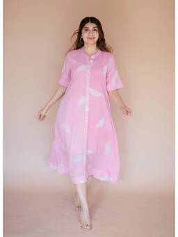 The Indian Ethnic Co. - Safa Pink Batik MulMul A Line Dress with Slip