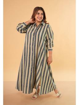 The Indian Ethnic Co. - Trusha Beige Ajrakh Cotton Shirt Dress