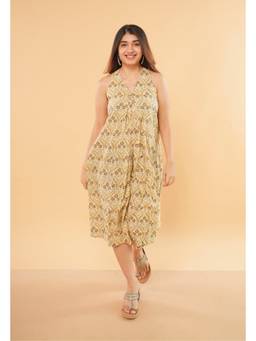 The Indian Ethnic Co. - Eira Beige Ajrakh Cotton A Line Dress