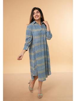The Indian Ethnic Co. - Ridah Blue Ajrakh Modal Silk Shirt Dress