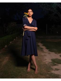 Rasra Mai - Meha Navy Blue Printed Midi Dress