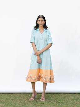 Rasra Mai - Vrinda Blue Printed Midi Dress