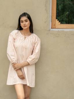 Rasra Mai - Tarra Baby Pink Printed Short Dress