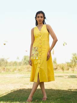 Rasra Mai - Divissha Yellow Printed Midi Dress