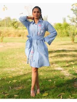 Rasra Mai - Rishika Blue Printed Shirt Dress
