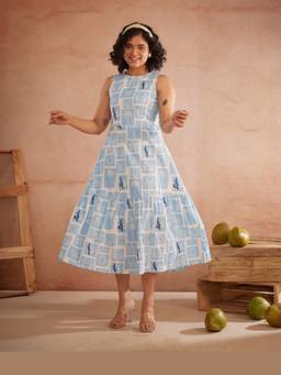 Rasra Mai - Nira Blue Printed Coastal Midi Dress