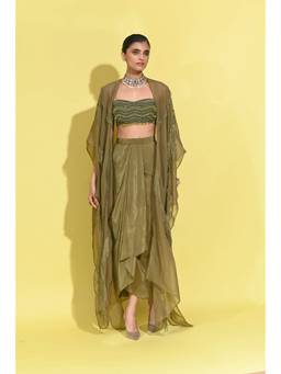 Rishi & Vibhuti - Gigli Groove Olive Bralette with Cape and Skirt