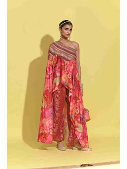 Rishi & Vibhuti - Ruby Drape Red Cape With Pant