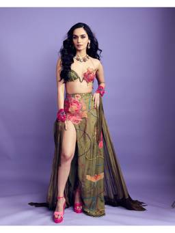 Rishi & Vibhuti - Mehbooba Green Bralette with Cape and Skirt