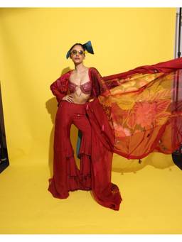 Rishi & Vibhuti - Poo Red Bralette with Cape and pant