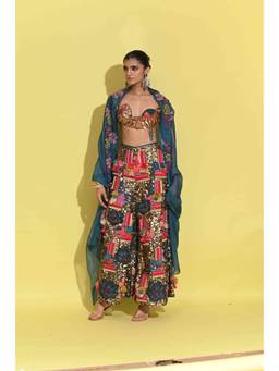 Rishi & Vibhuti - Kaleidoscope Dreams Blue Bralette with pant and Cape