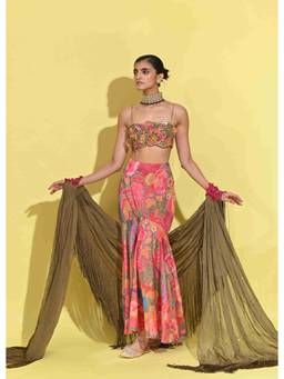 Rishi & Vibhuti - Mehroo Olive Blouse with Skirt and Dupatta