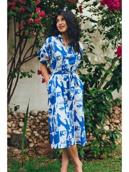 Safeera - Blue Face-Off Cotton Midi Shirt Dress