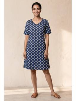 NILAM INDIA - Blue Polka Screen Print Flare Dress