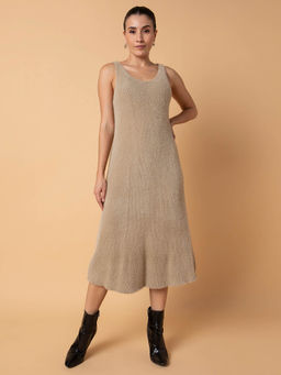 SHOWOFF - Women Solid Beige Midi A-Line Dress