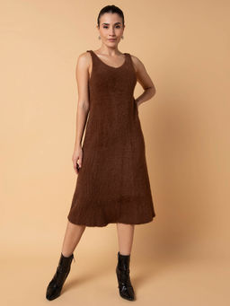 SHOWOFF - Women Solid Brown Midi A-Line Dress