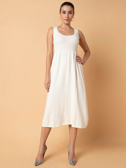 SHOWOFF - Women Solid White Midi Fit and Flare Dress