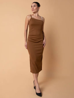 SHOWOFF - Women Solid Brown Midi Sheath Dress