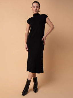 SHOWOFF - Women Solid Black Midi A-Line Dress