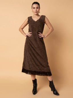 SHOWOFF - Women Solid Brown Midi A-Line Dress