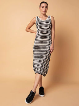 SHOWOFF - Women Striped Black Midi A-Line Dress