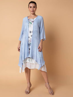 SHOWOFF - Women Floral Blue Midi A-Line Dress with Shrug (Set of 2)