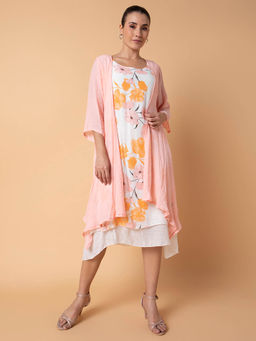 SHOWOFF - Women Floral Peach Midi A-Line Dress with Shrug (Set of 2)