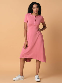 SHOWOFF - Women Solid Pink Midi A-Line Dress