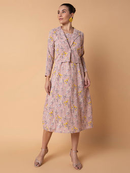 SHOWOFF - Women Floral Peach Midi A-Line Dress with Shrug (Set of 2)