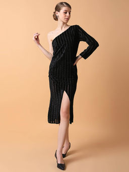 SHOWOFF - Women Stripes Black Midi Wrap Dress