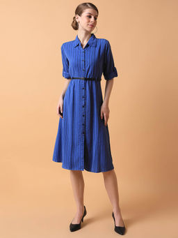 SHOWOFF - Women Striped Blue Midi A-Line Dress with Belt (Set of 2)