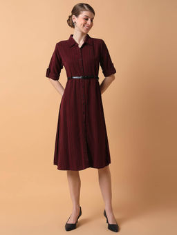 SHOWOFF - Women Striped Maroon Midi A-Line Dress with Belt (Set of 2)