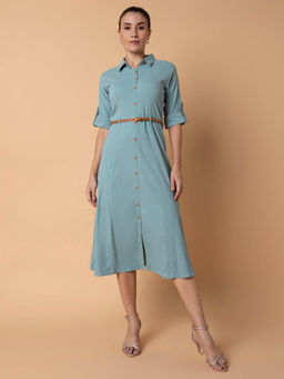 SHOWOFF - Women Solid Sea Green Midi A-Line Dress with Belt (Set of 2)