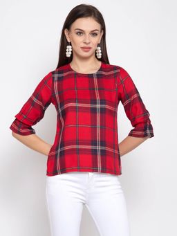 Style Quotient - Women Red And Multi Check Printed Cotton Smart Casual Top