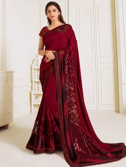 Odette - Maroon Lycra Designer Saree with Unstitched Blouse