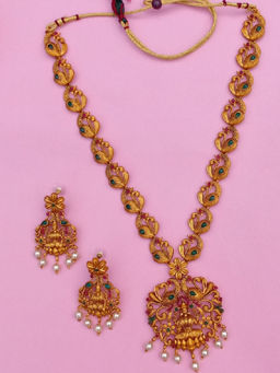 Estele - Gold Plated Spiritual Lakshmi Ji Nakshi Temple Set with Colored Stones & Pearls