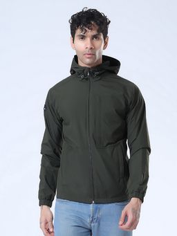 SPIRIT - Men's Olive Solid Hooded Neck Full Sleeve Jacket