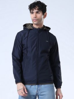 SPIRIT - Men's Navy Blue Solid Hooded Neck Jacket