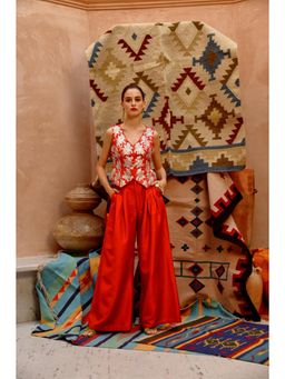 PALLAVI JAIPUR - Women'S Chilly Red Waist Coat and Palazzo