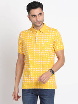 Turtle - Men Cotton Stretch Yellow Printed Slim Fit Polo T-Shirt