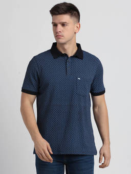 Turtle - Men Cotton Stretch Navy Blue Printed Slim Fit Polo T-Shirt